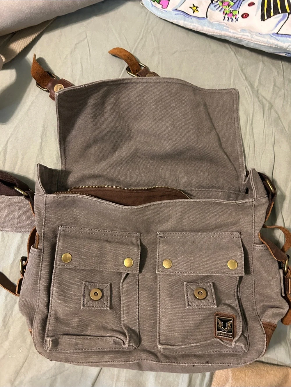 Peace Chaos Canvas Messenger Bag with Brown Leather Straps